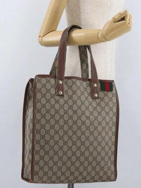 GUCCI GG Supreme Web Sherry Line Tote Bag PVC Beige Gold 211135 Auth BA11208